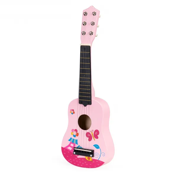 Detská drevená gitara, kovové struny, ružová
