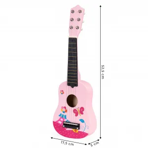 Detská drevená gitara, kovové struny, ružová