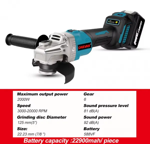 Elektrická Uhlová Brúska ONEVAN 125 Mm je vhodná pre batériu Makita 18V + kotúče ZADARMO ! 21V 4Ah batérie, nabíjačka Batéria: 2ks batéria