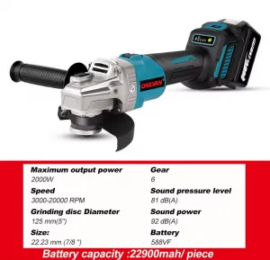 Elektrická Uhlová Brúska ONEVAN 125 Mm je vhodná pre batériu Makita 18V + kotúče ZADARMO ! 21V 4Ah batérie, nabíjačka Batéria: 2ks batéria