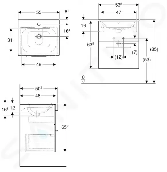 Geberit Selnova Square - Umývadlová skrinka 635x538x480 mm, s umývadlom, 2 zásuvky, lesklá biela 501.232.00.1