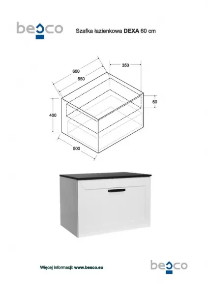 BESCO - Spodná skrinka DEXA biela matná - Farba - Biela, Madlá - Čierna, Rozmer A - 60 cm, Rozmer B - 50 cm, Rozmer C - 40 cm NASUD654BC