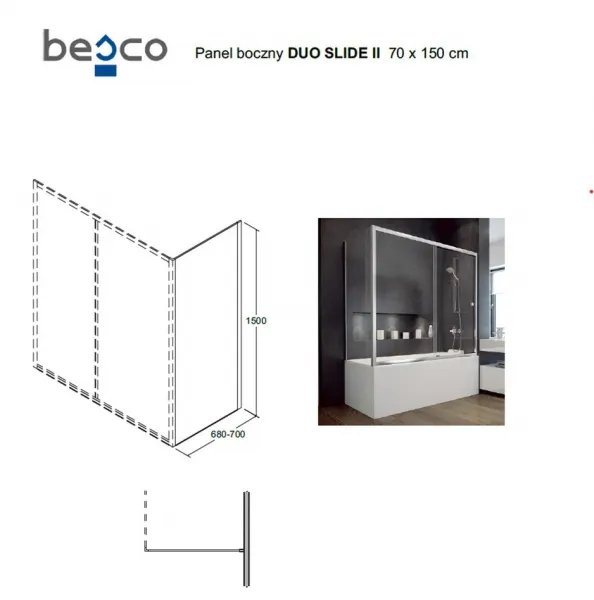 BESCO - Bočný panel k vaňovej zástene DUO SLIDE II - FARBA rámu - Hliník leštený, Rozmer A - 70 cm, Rozmer C - 150 cm, Smer zatvárania - Univerzálne Ľavé / Pravé BCDUSL70CC