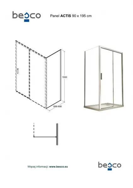 BESCO - Bočný panel ACTIS - FARBA rámu - Chróm / Leštený hliník (ALU), Rozmer A - 90, Rozmer C - 195, Smer zatvárania - Univerzálne Ľavé / Pravé, Výplň - Číre bezpečnostné sklo - 8 mm BCACT90PSCC