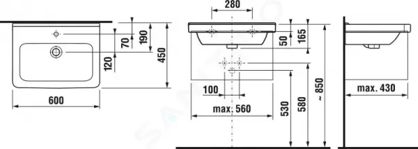 JIKA - Cubito Umývadlo, 600x450 mm, s prepadom, s otvorom na batériu, biela H8104230001041