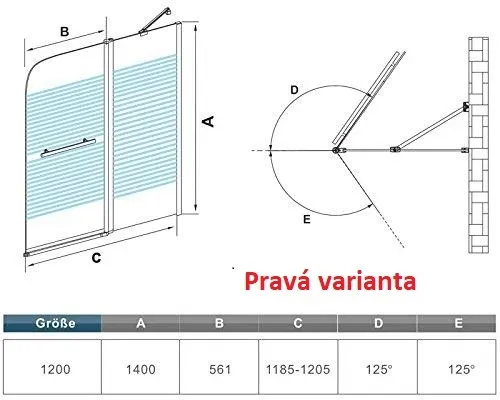 H K - Vaňová zástena S2 STRIPE 120x140cm - dvojdielna sklopná, číre sklo so vzorom, varianta pravá SE-S2STRIPE-12