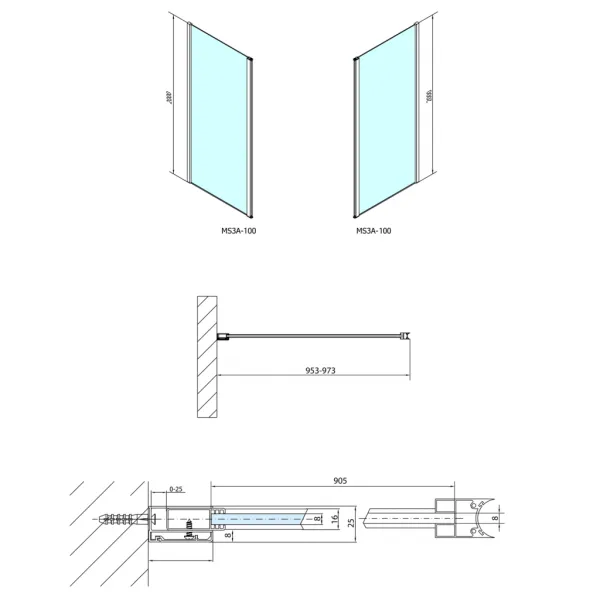 POLYSAN - MODULAR SHOWER stena na inštaláciu na múr, pre pripojenie otoč.panelu 1000  MS3A-100