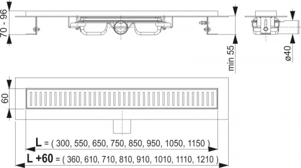Alca plast Odtokové žľaby - Sprchový žľab Low, 1450 mm, nehrdzavejúca oceľ APZ101-1450