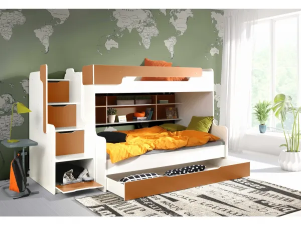 ArtBed Detská poschodová posteľ s roštom HARRY | biela/oranžová 120 x 200 cm