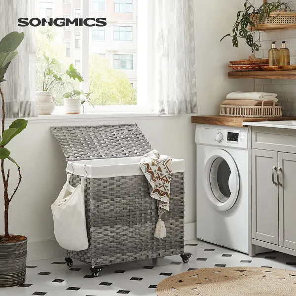 SONGMICS Prútený kôš na bielizeň na kolieskach sivý