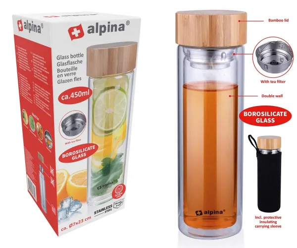 Sklenená fľaša s dvojitou stenou a sitkom, 450 ml