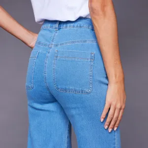 Široké džínsy s vysokým pásom pre postavu vyššiu ako 165 cm