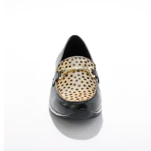 Kožené mokasíny na kline, čierne/leopardí vzor