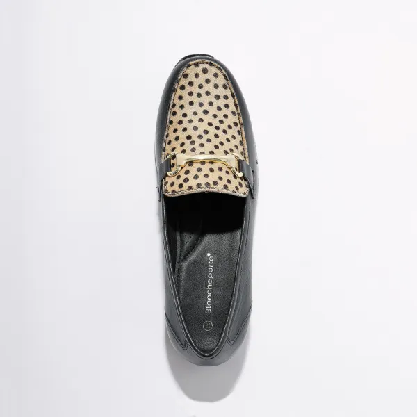Kožené mokasíny na kline, čierne/leopardí vzor