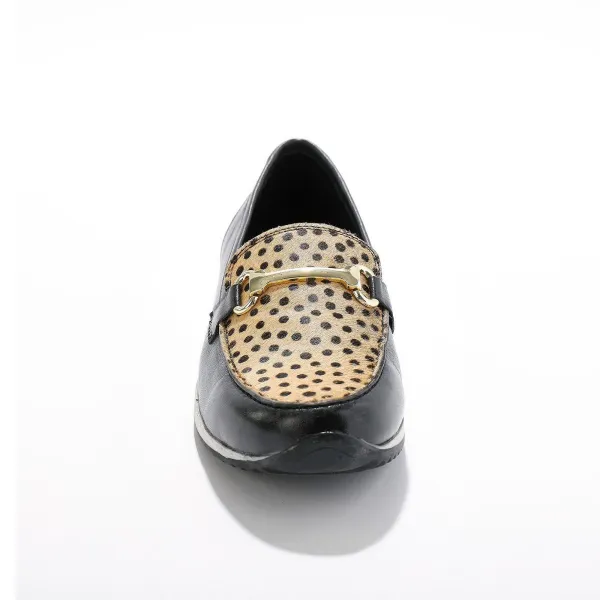 Kožené mokasíny na kline, čierne/leopardí vzor