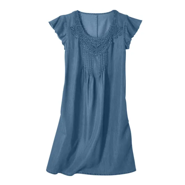 Krátke šaty so zámikmi a macramé, tenký denim