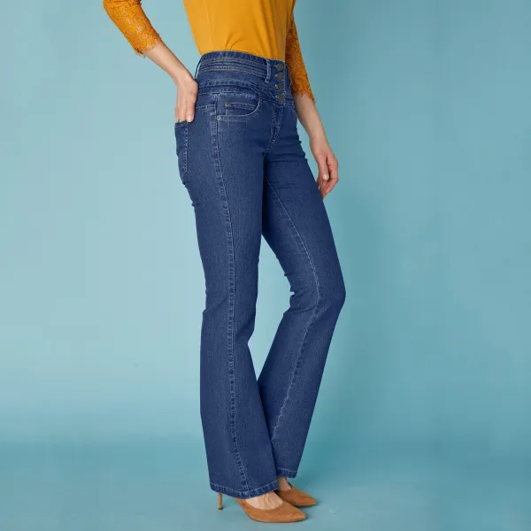 Bootcut džínsy s vysokým pásom pre vyššiu postavu