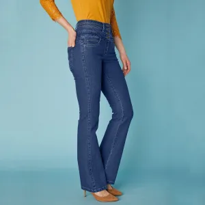 Bootcut džínsy s vysokým pásom pre vyššiu postavu