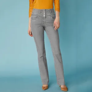 Bootcut džínsy s vysokým pásom pre vyššiu postavu