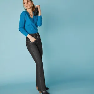 Bootcut džínsy s vysokým pásom pre vyššiu postavu
