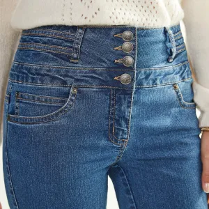 Bootcut džínsy s vysokým pásom pre vyššiu postavu
