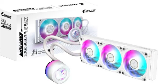 GIGABYTE vodní chladič AORUS WATERFORCE X II 360I, 3x 120mm Fan, ARGB, LCD Displej, Bílá