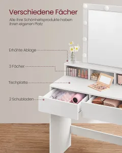 VASAGLE Toaletný stolík s osvetlením biely