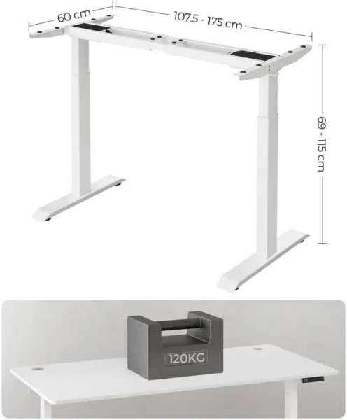 SONGMICS Nastaviteľný elektrický rám stola 107-175 cm biely