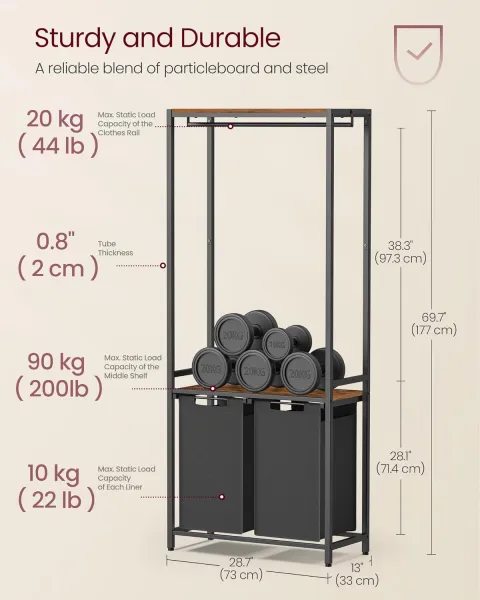 VASAGLE Kôš na bielizeň s kovovým rámom 2 x 46 l hnedý čierny