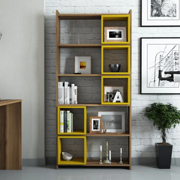 Knižnica Box - Walnut, Yellow