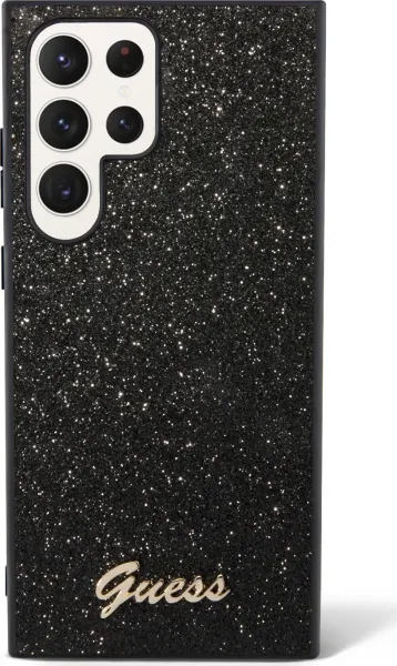 Guess Glitter Flakes Metal Logo Kryt pre Samsung S24 Ultra, Čierny