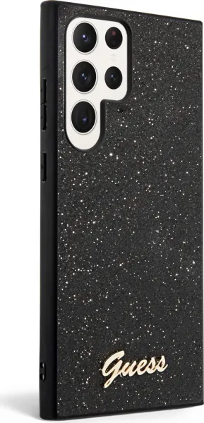 Guess Glitter Flakes Metal Logo Kryt pre Samsung S24 Ultra, Čierny