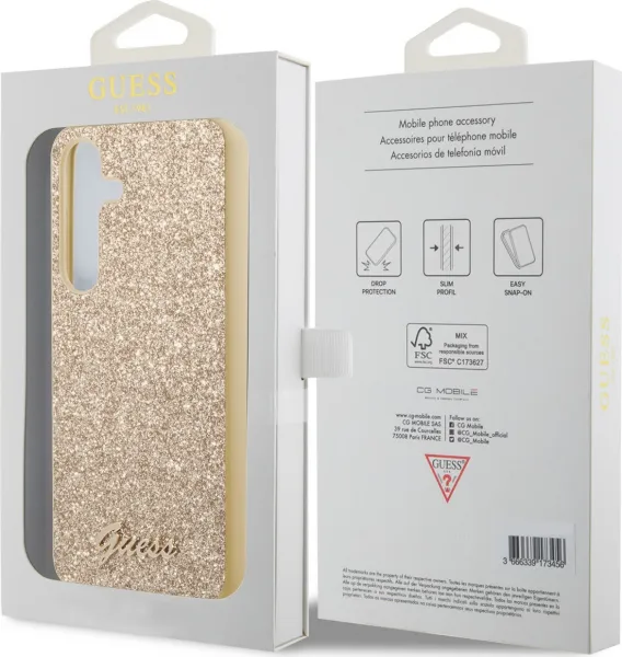 Guess Glitter Flakes Metal Logo Kryt pre Samsung S24 Plus, Zlatý