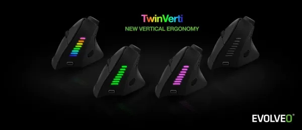 EVOLVEO TwinVerti, vertikálna ergonomická myš, 2,4 GHz + Bluetooth, čierna