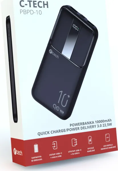 Powerbanka C-tech 10000mAh, Li-Pol, 22,5W, USB-C/USB-A/micro USB