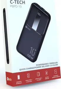 Powerbanka C-tech 10000mAh, Li-Pol, 22,5W, USB-C/USB-A/micro USB