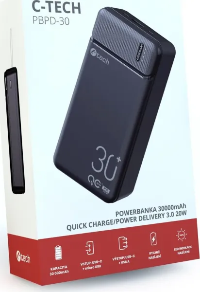 Powerbanka C-tech 30000mAh, Li-Pol, 20W, USB-C/USB-A/micro USB