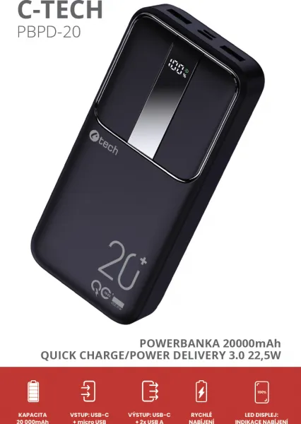 Powerbanka C-tech 20000mAh, Li-Pol, 22,5W, USB-C/USB-A/micro USB