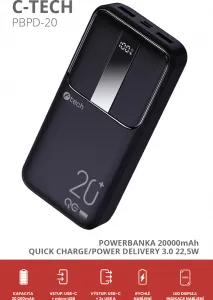 Powerbanka C-tech 20000mAh, Li-Pol, 22,5W, USB-C/USB-A/micro USB