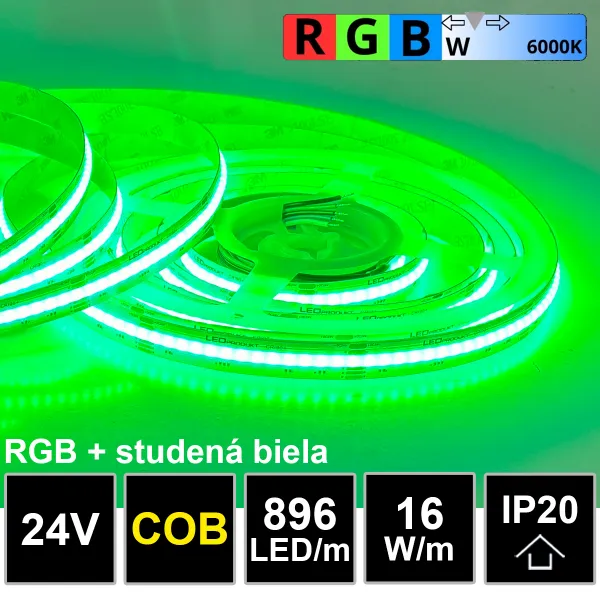 LEDprodukt 5m PROFI LED pásik 896LED/m COB 16W/m RGB-W (RGB+studená biela) IP20 24V