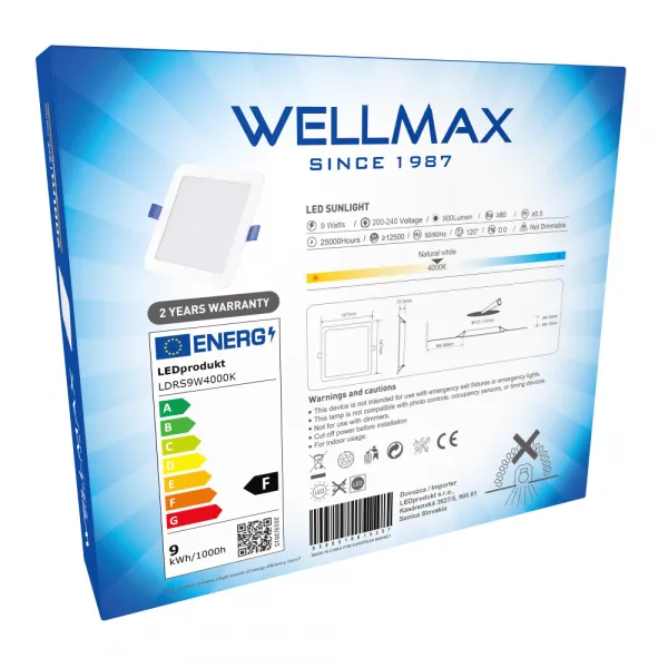 LED panel Wellmax 9W štvorec - Neutrálna biela