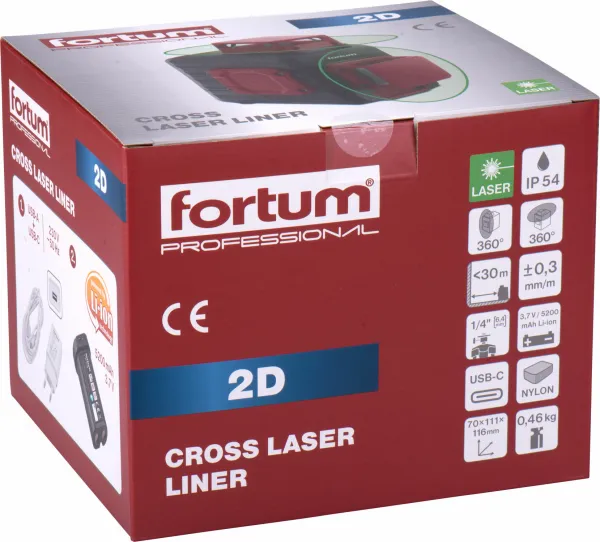 FORTUM 4780214 Laser líniový, krížový samonivelačný, zelený, 2D(1H360+1V360), Li-ion akumulátor