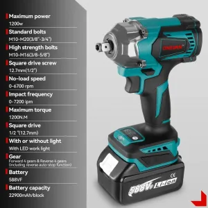 ONEVAN 1/2" 1200N·m Bezuhlíkový Elektrický Rázový Uťahovák | Pre 18V Batériu Makita v kufriku. Šikovný do každej ruky Batéria: 2ks batéria