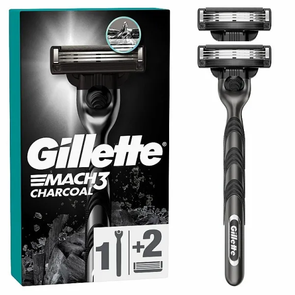 Gillette Mach3 Charcoal Holiaci strojček pre Mužov, 1 Holiaci Strojček, 2 Náhradné Holiace Hlavice