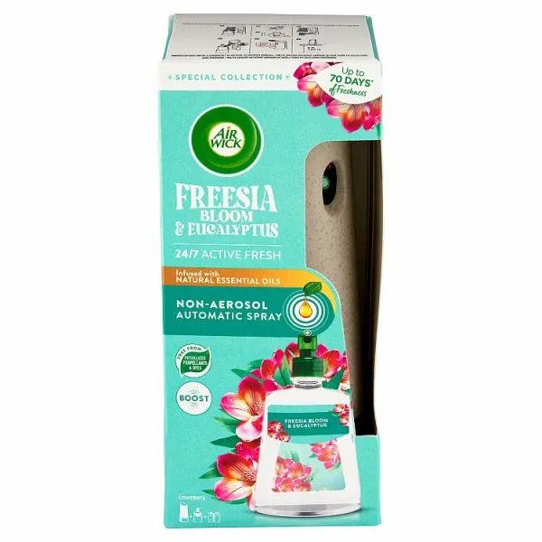Air Wick Active Fresh Automatický difuzér a náplň na vodnej báze kvitnúce frézie a eukalyptus 228 ml