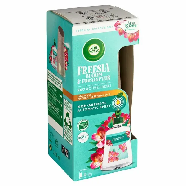 Air Wick Active Fresh Automatický difuzér a náplň na vodnej báze kvitnúce frézie a eukalyptus 228 ml