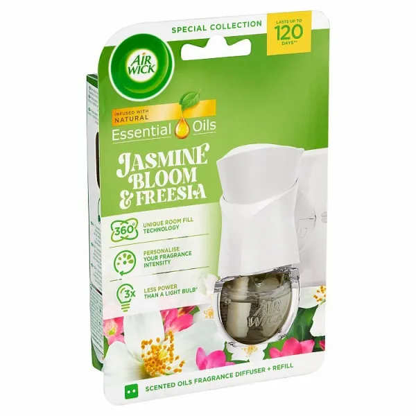 Air Wick Essential Oils Elektrický osviežovač vzduchu strojček a náplň jazmínové kvety, frézia 19 ml