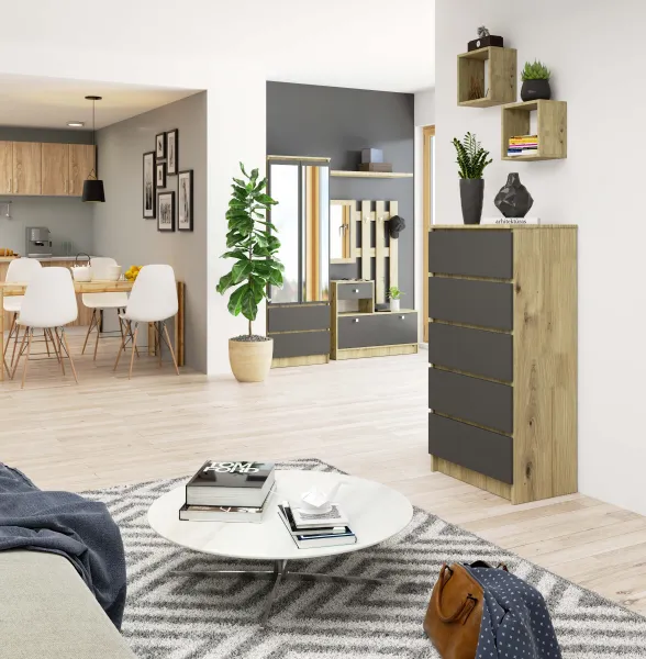 Ak furniture Komoda Kuba 60 cm - 5 zásuviek dub artisan/grafitová