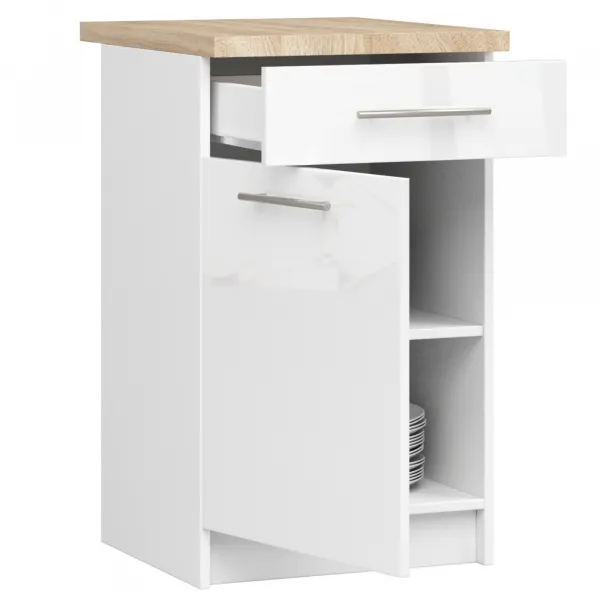 Ak furniture Kuchynská skrinka Olivie S 50 cm 1D 1S biela/biely lesk/dub sonoma