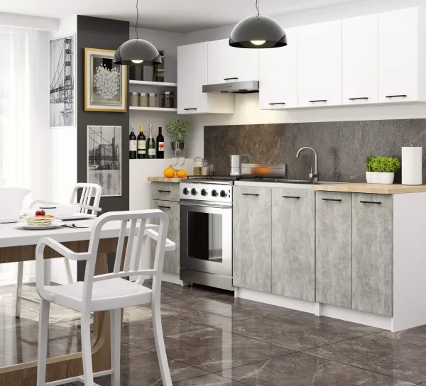 Ak furniture Kuchynská linka Olivie 2,4 m biela/betón/dub sonoma